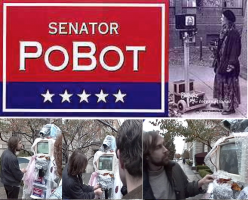 Senator Pobot DATE - 1994 DISCIPLINE - Art MEDIUM – Telepreseence robot STATUS – Displayed in front of the White House in Washington DC WEBLINKS http://www.ecafe.com/museum/hilites/1994.html A project done in collaboration with the Electronic Café in Los Angles that linked a series of musicians and poets located at COMDEX in Las Vegas to the telepresence robot Wilma who performed in fro=nt of the White House in Washington.