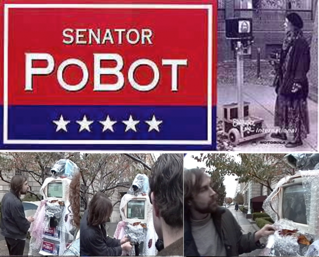 Senator Pobot DATE - 1994 DISCIPLINE - Art MEDIUM – Telepreseence robot STATUS – Displayed in front of the White House in Washington DC WEBLINKS http://www.ecafe.com/museum/hilites/1994.html A project done in collaboration with the Electronic Café in Los Angles that linked a series of musicians and poets located at COMDEX in Las Vegas to the telepresence robot Wilma who performed in fro=nt of the White House in Washington. 